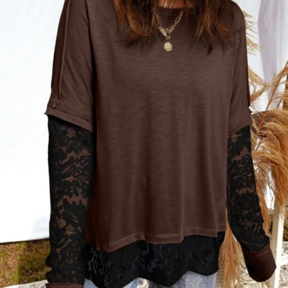 Brown Lace Sleeve Women's Top